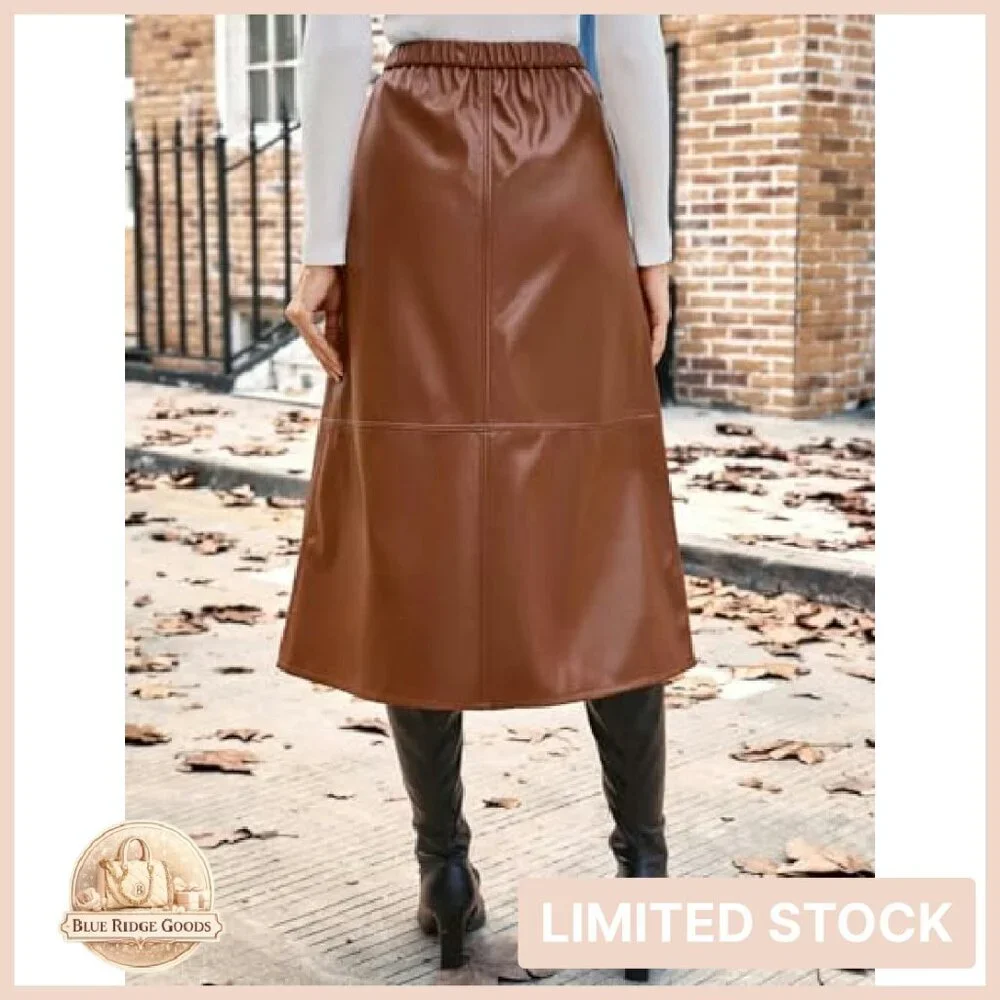 Faux Leather A-Line Midi Skirt High Waist Fall Winter Chic Elegant